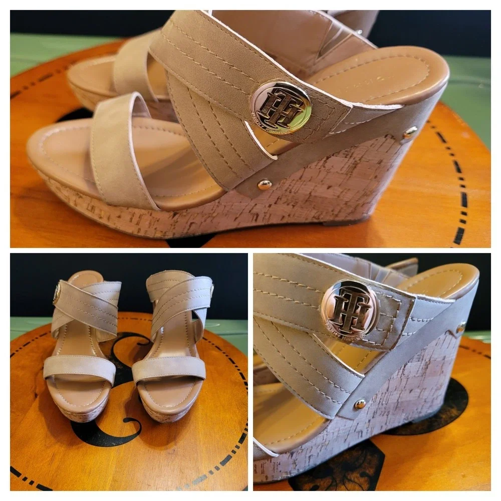 Tommy Hilfiger Sandals Womens 10 M Myha Strappy Brown Faux Leather Wedge Cork